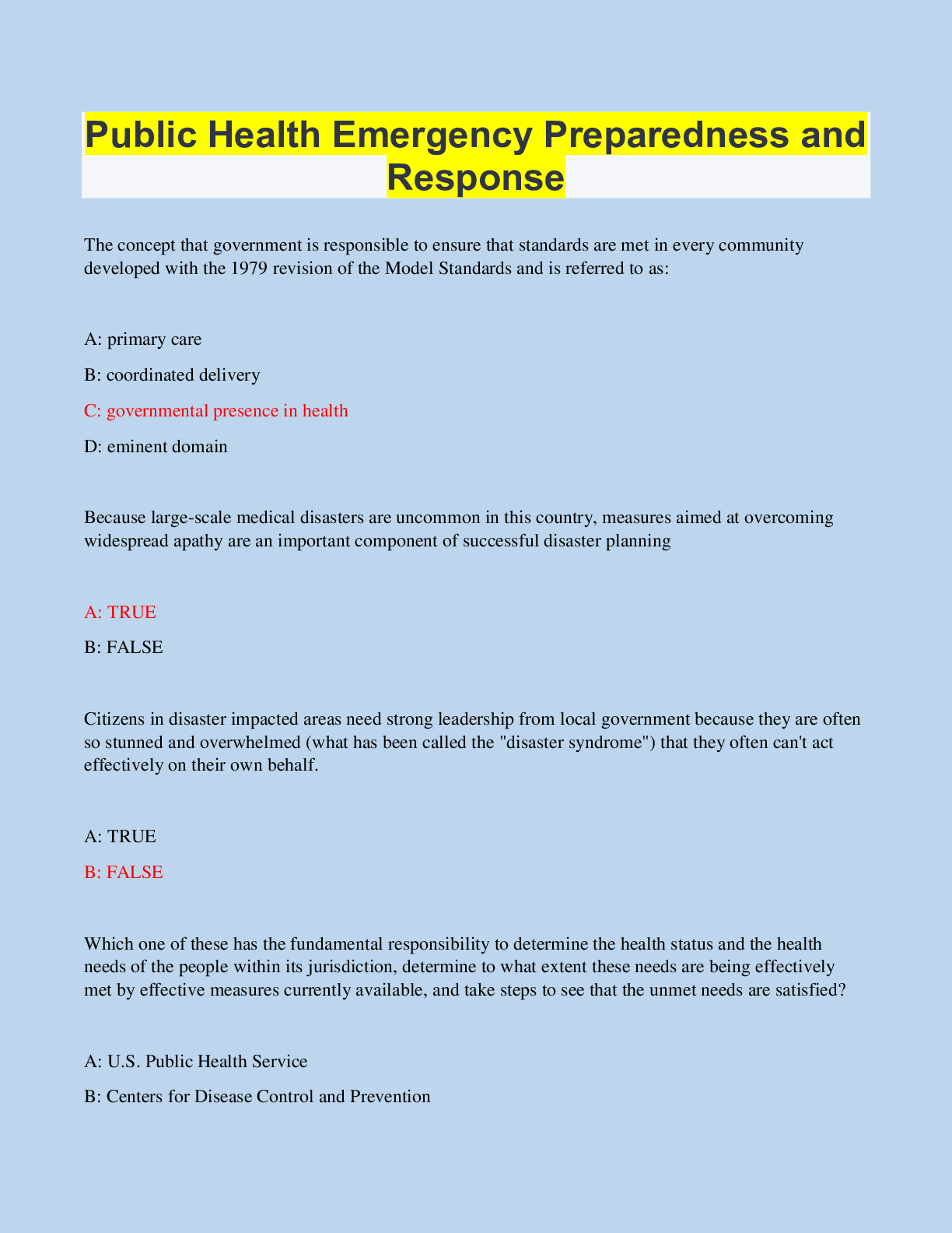 Public Health Emergency Preparedness and Response 30 Questions with